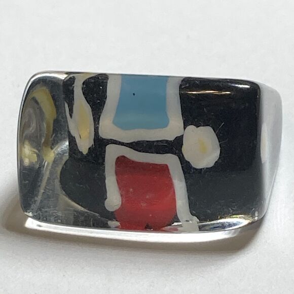 Vintage Acrylic Lucite Cocktail Ring Size 6 6.5 Black White Geometric Hand Made - Picture 7 of 8